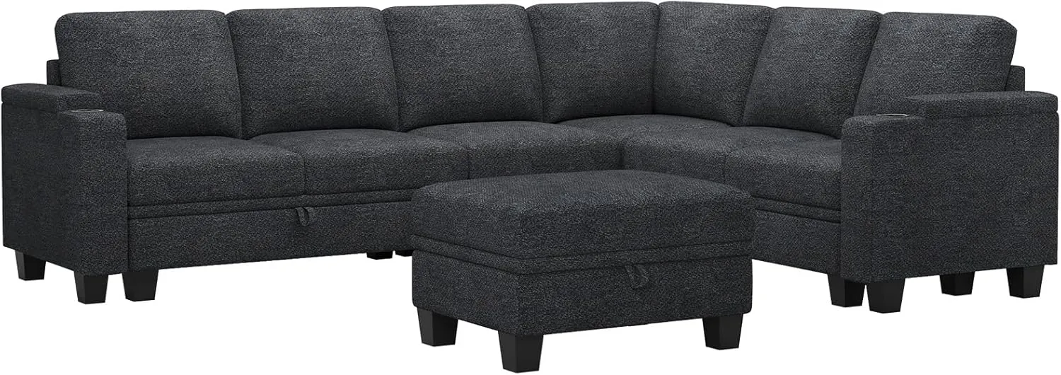 Belffin Chenille Modular Sectional Sofa Convertible L Shaped Corner Couches for Living Room with Storage Armrest with Cup Holder Dark Grey Couch