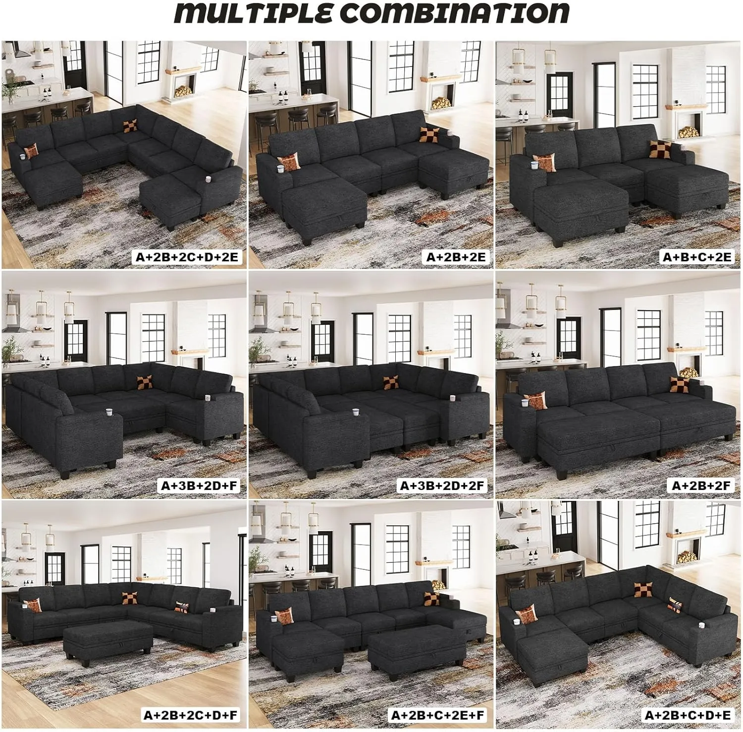 Belffin Chenille Modular Sectional Sofa Convertible L Shaped Corner Couches for Living Room with Storage Armrest with Cup Holder Dark Grey Couch