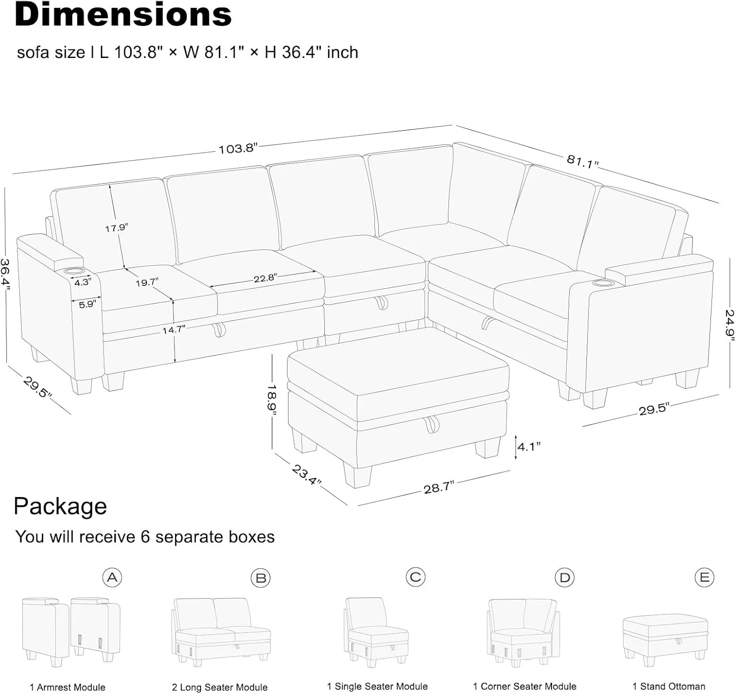 Belffin Chenille Modular Sectional Sofa Convertible L Shaped Corner Couches for Living Room with Storage Armrest with Cup Holder Dark Grey Couch