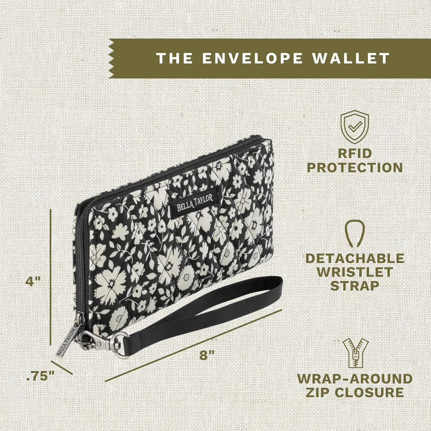 Bella Taylor Cash Envelope Wallet for Budgeting - RFID Protected - Cash Stuffing Wallet with Detachable Wristlet - Bicolor Floral Black
