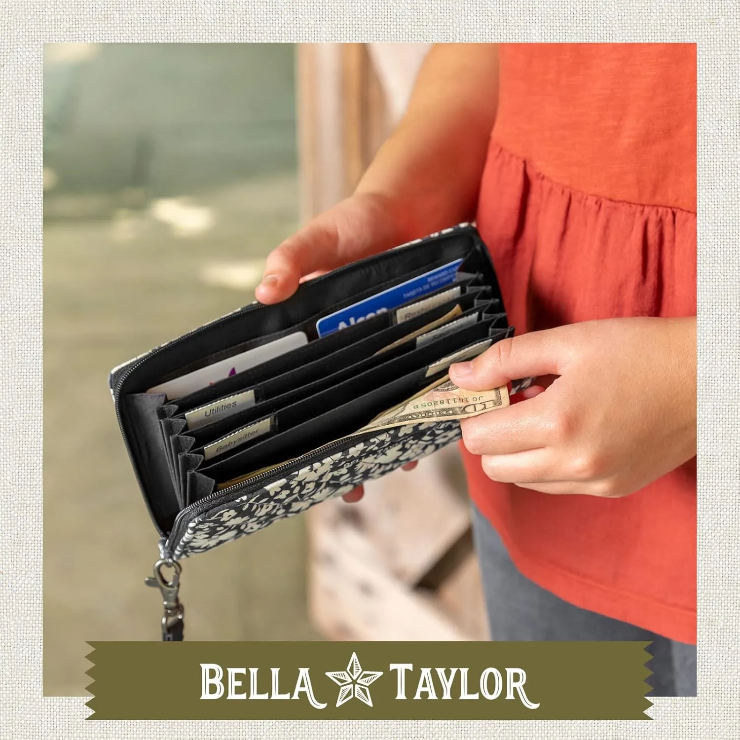 Bella Taylor Cash Envelope Wallet for Budgeting - RFID Protected - Cash Stuffing Wallet with Detachable Wristlet - Bicolor Floral Black