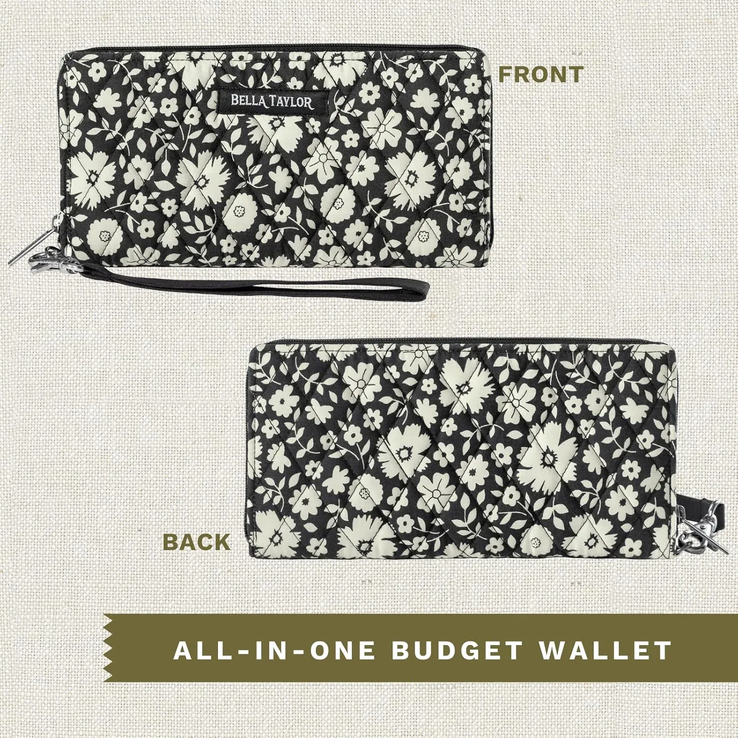 Bella Taylor Cash Envelope Wallet for Budgeting - RFID Protected - Cash Stuffing Wallet with Detachable Wristlet - Bicolor Floral Black