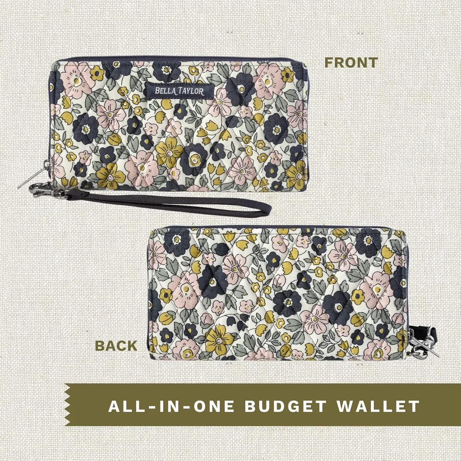 Bella Taylor Cash Envelope Wallet for Budgeting - RFID Protected - Cash Stuffing Wallet with Detachable Wristlet - Delicate Floral Charcoal