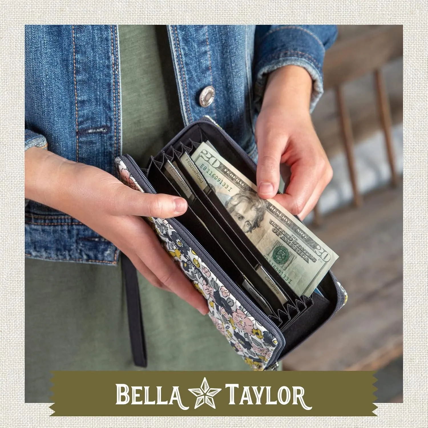 Bella Taylor Cash Envelope Wallet for Budgeting - RFID Protected - Cash Stuffing Wallet with Detachable Wristlet - Delicate Floral Charcoal