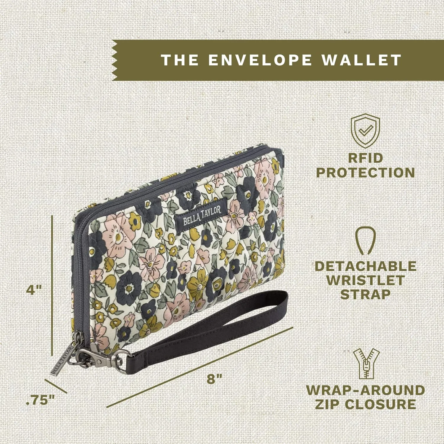 Bella Taylor Cash Envelope Wallet for Budgeting - RFID Protected - Cash Stuffing Wallet with Detachable Wristlet - Delicate Floral Charcoal