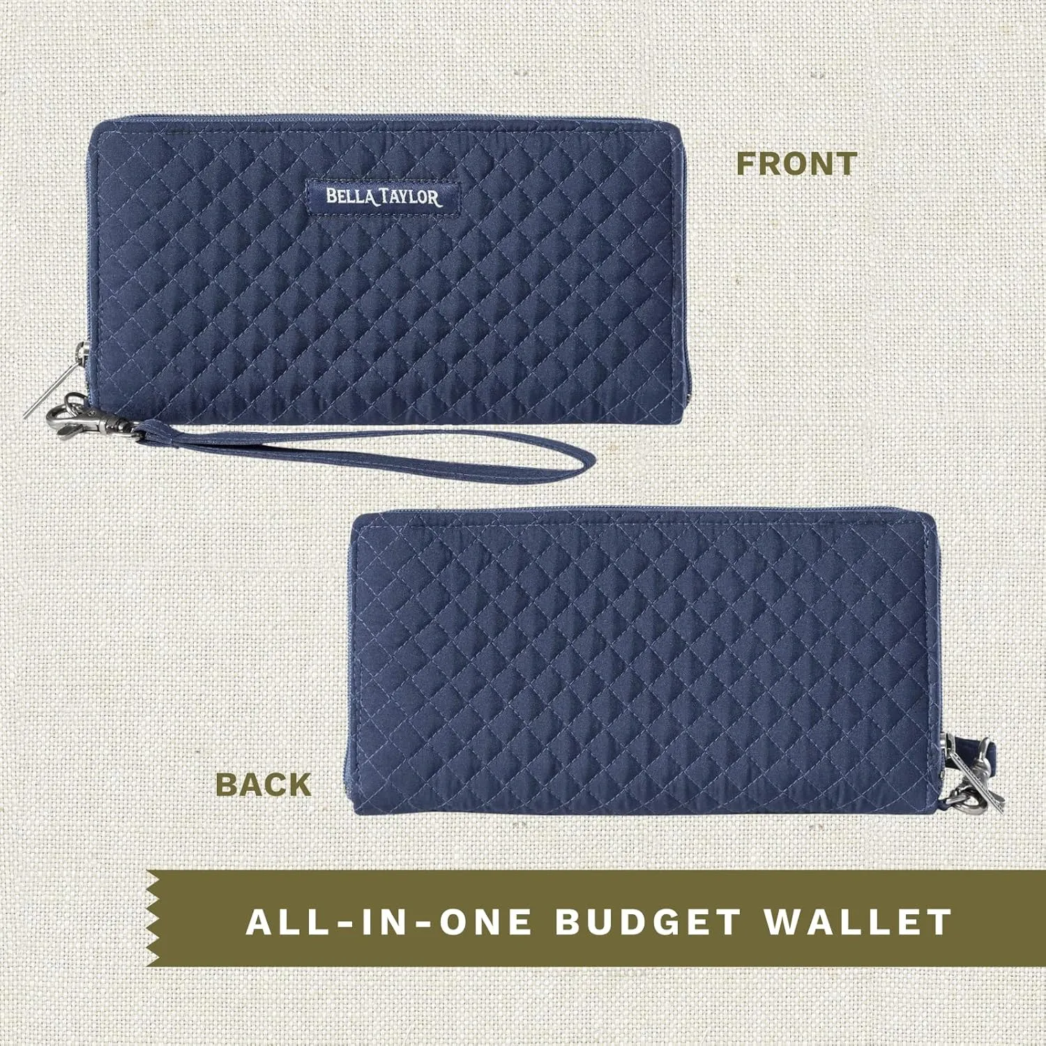 Bella Taylor Cash Envelope Wallet for Budgeting - RFID Protected - Cash Stuffing Wallet with Detachable Wristlet - Vintage Navy Microfiber