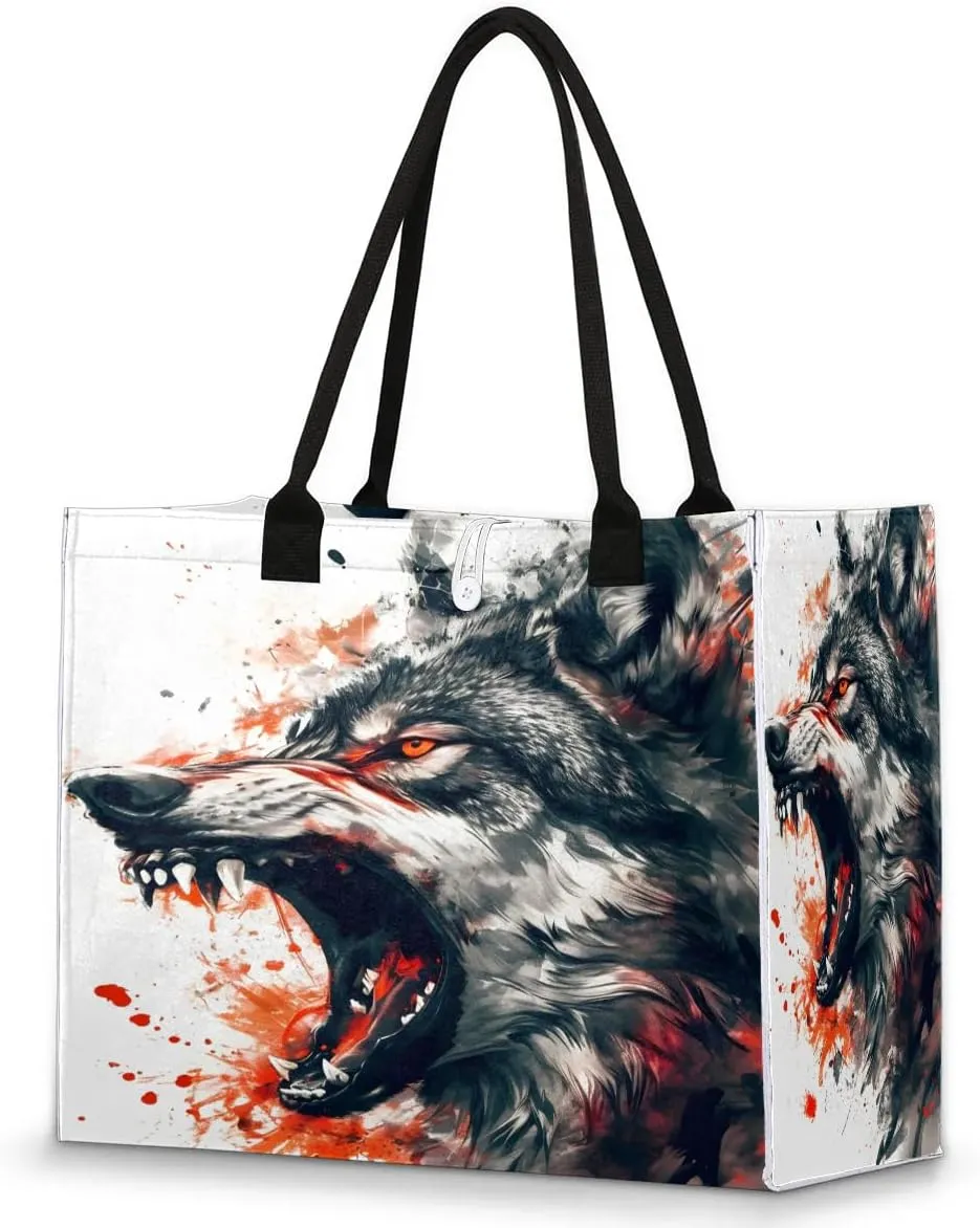 Bellowing Fiercely Wolf Large Beach Tote Bag for Women Reusable Grocery Bag with Sturdy Handles Inside Zipper Pocket Portable Gift Bag for Work Travel Shopping Pool Beach Fitness Daily Use