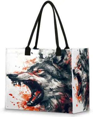 Bellowing Fiercely Wolf Large Beach Tote Bag for Women Reusable Grocery Bag with Sturdy Handles Inside Zipper Pocket Portable Gift Bag for Work Travel Shopping Pool Beach Fitness Daily Use