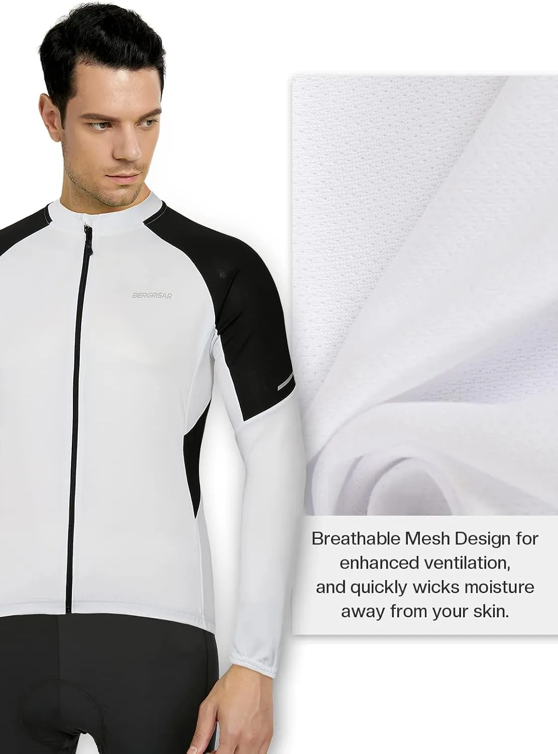 BERGRISAR Men's Basic Cycling Jerseys Long Sleeves Bike Bicycle Shirt Zipper Pockets BG012