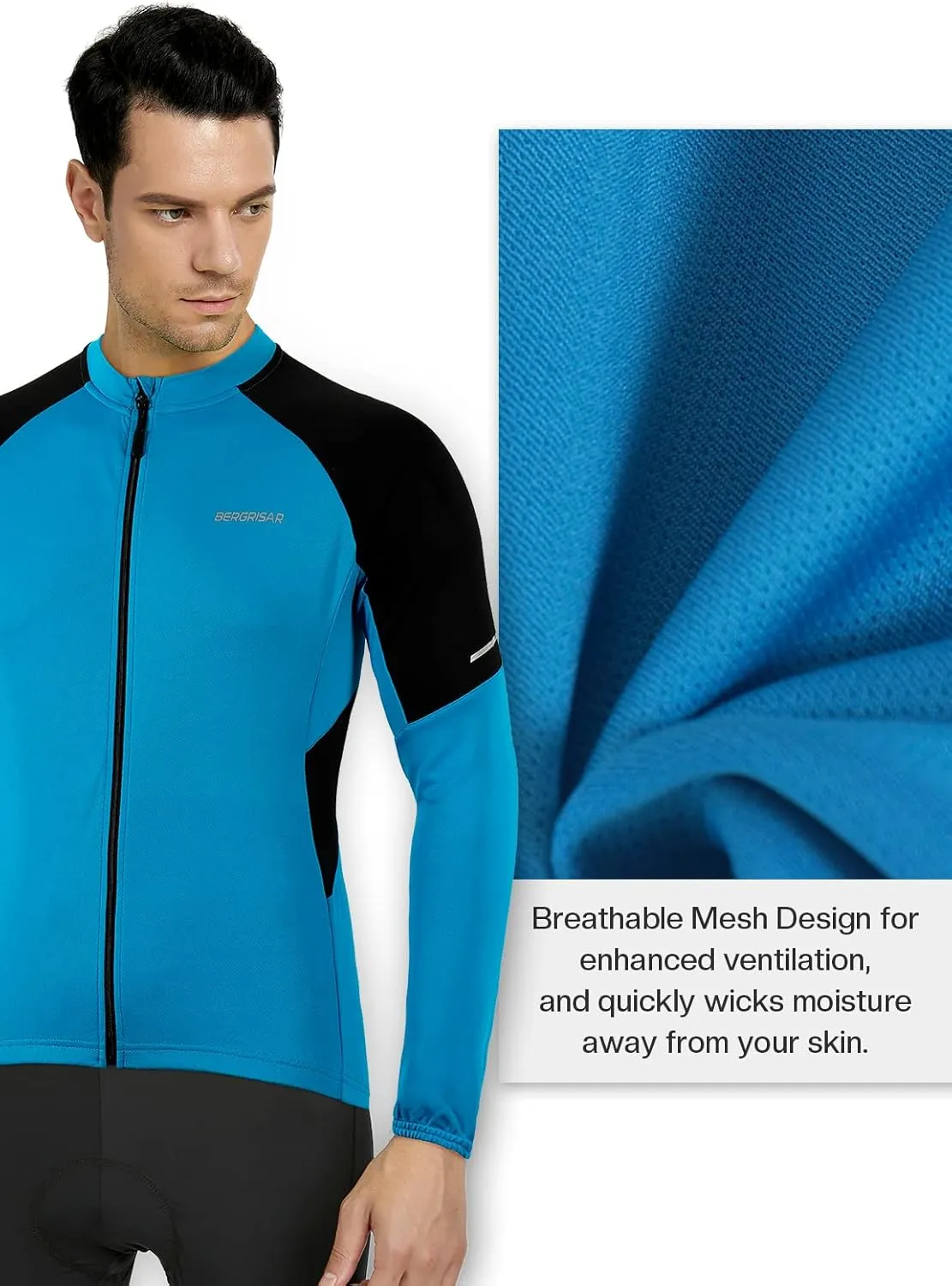 BERGRISAR Men's Basic Cycling Jerseys Long Sleeves Bike Bicycle Shirt Zipper Pockets BG012