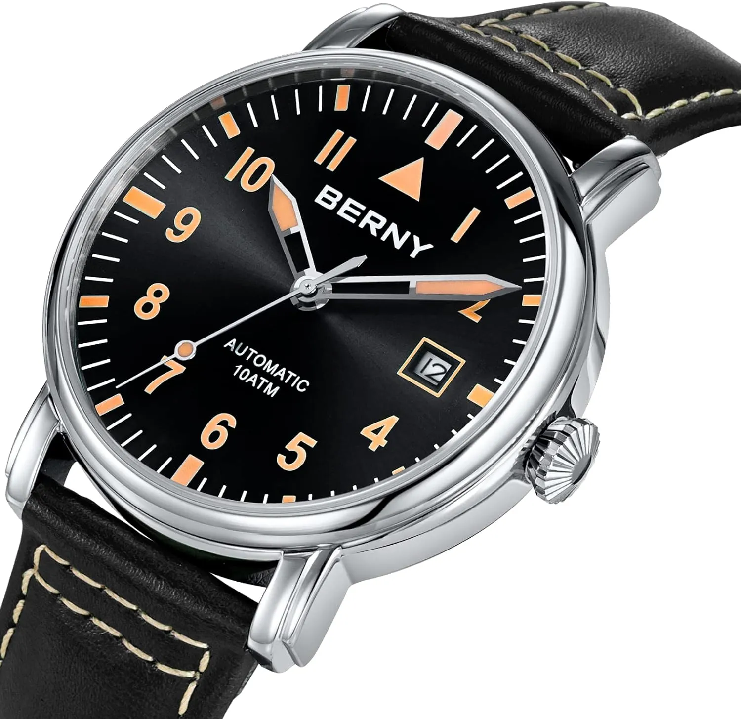 BERNY Mechanical Automatic Watch for Men Self Winding Leather Strap Classic Pilot Wristwatches Waterproof 10ATM Sapphire Glass Scratch Resistant Super Luminous
