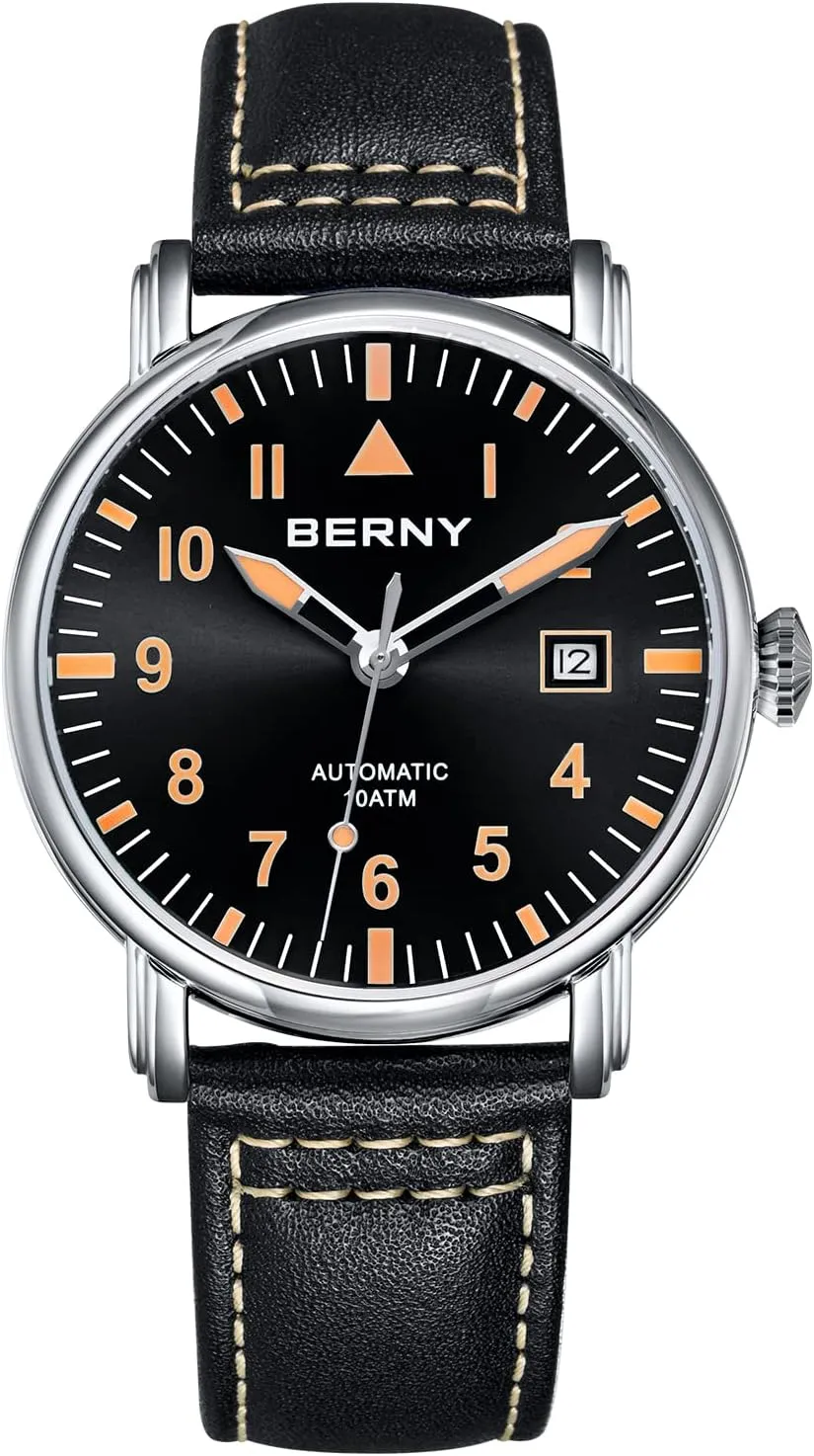 BERNY Mechanical Automatic Watch for Men Self Winding Leather Strap Classic Pilot Wristwatches Waterproof 10ATM Sapphire Glass Scratch Resistant Super Luminous