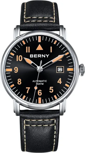 BERNY Mechanical Automatic Watch for Men Self Winding Leather Strap Classic Pilot Wristwatches Waterproof 10ATM Sapphire Glass Scratch Resistant Super Luminous