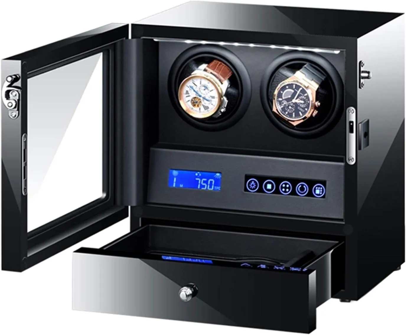 Black Automatic Watch Winder Box with LED Backlight Storage Drawer LCD Touch Screen Control Piano Paint Exterior Quiet Motor Accessories，2 2
