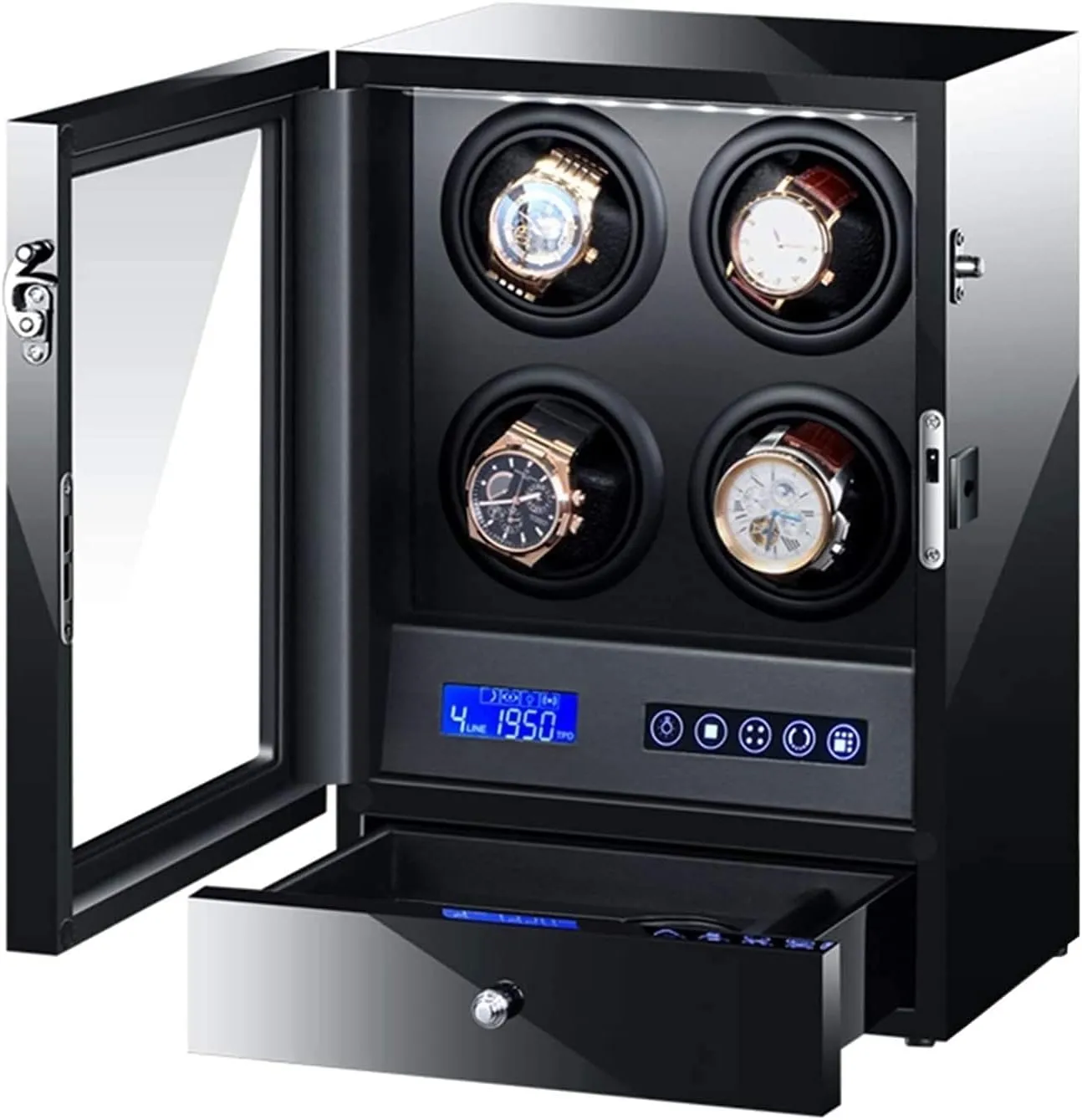 Black Automatic Watch Winder Box with Led Backlight Storage Drawer LCD Touch Sn Control Piano Paint Exterior Quiet Motor Durable Watch Winder Display Watch Box