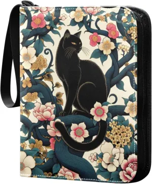Black Cat and Japanese Flowers Card Binder 4 Pocket Trading Card Album Fits 400 Sports/Game Cards, PU Cover 3 Ring Card Collection with 50 Removable Sleeves