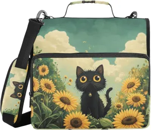 Black Cat Daisy Sunflower Spring Zippered Binder Bag with Shoulder Strap & Handle Easy to Carry 1.5 Inch 3 Rings Storage Bag Portfolio Binder Office Supplies