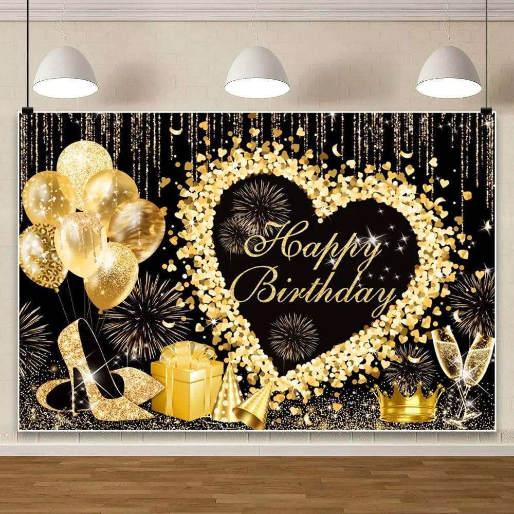 Black Golden Birthday Banner 98.4x70.8Inch Fabric Happy Birthday Party Decorations High Heel 20th 30th 40th 50th Party Pictures Video Background