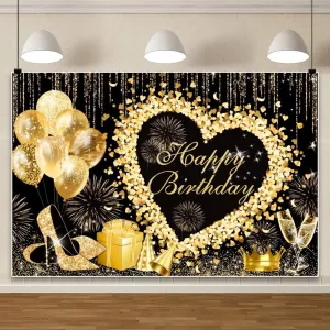 Black Golden Birthday Banner 98.4x70.8Inch Fabric Happy Birthday Party Decorations High Heel 20th 30th 40th 50th Party Pictures Video Background