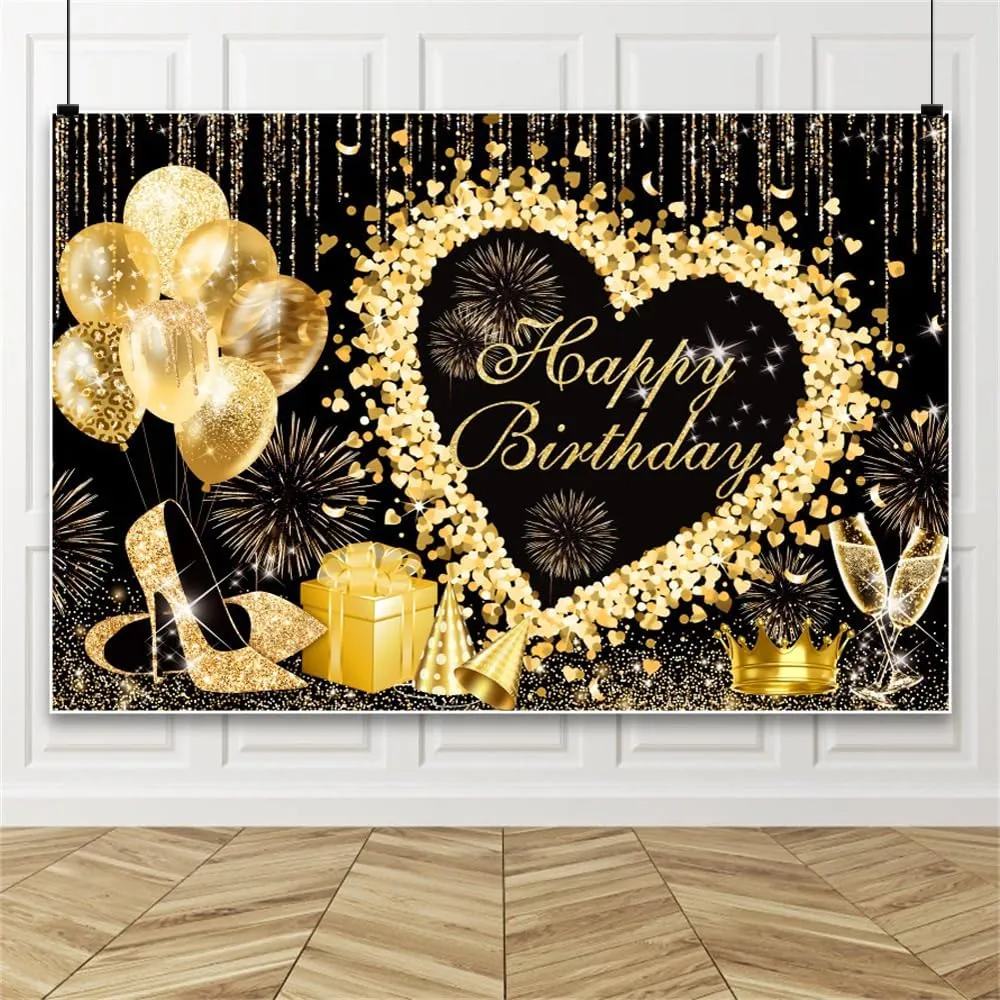 Black Golden Birthday Banner 98.4x70.8Inch Fabric Happy Birthday Party Decorations High Heel 20th 30th 40th 50th Party Pictures Video Background