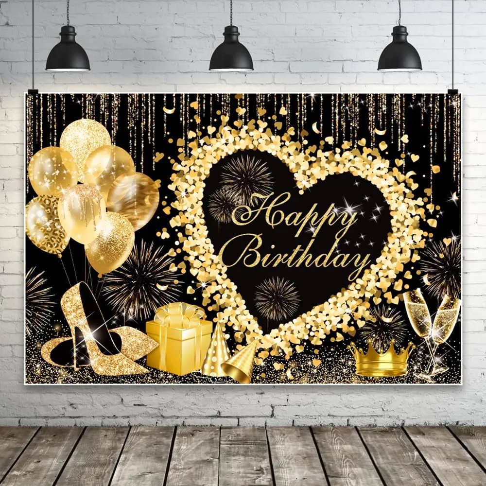Black Golden Birthday Banner 98.4x70.8Inch Fabric Happy Birthday Party Decorations High Heel 20th 30th 40th 50th Party Pictures Video Background