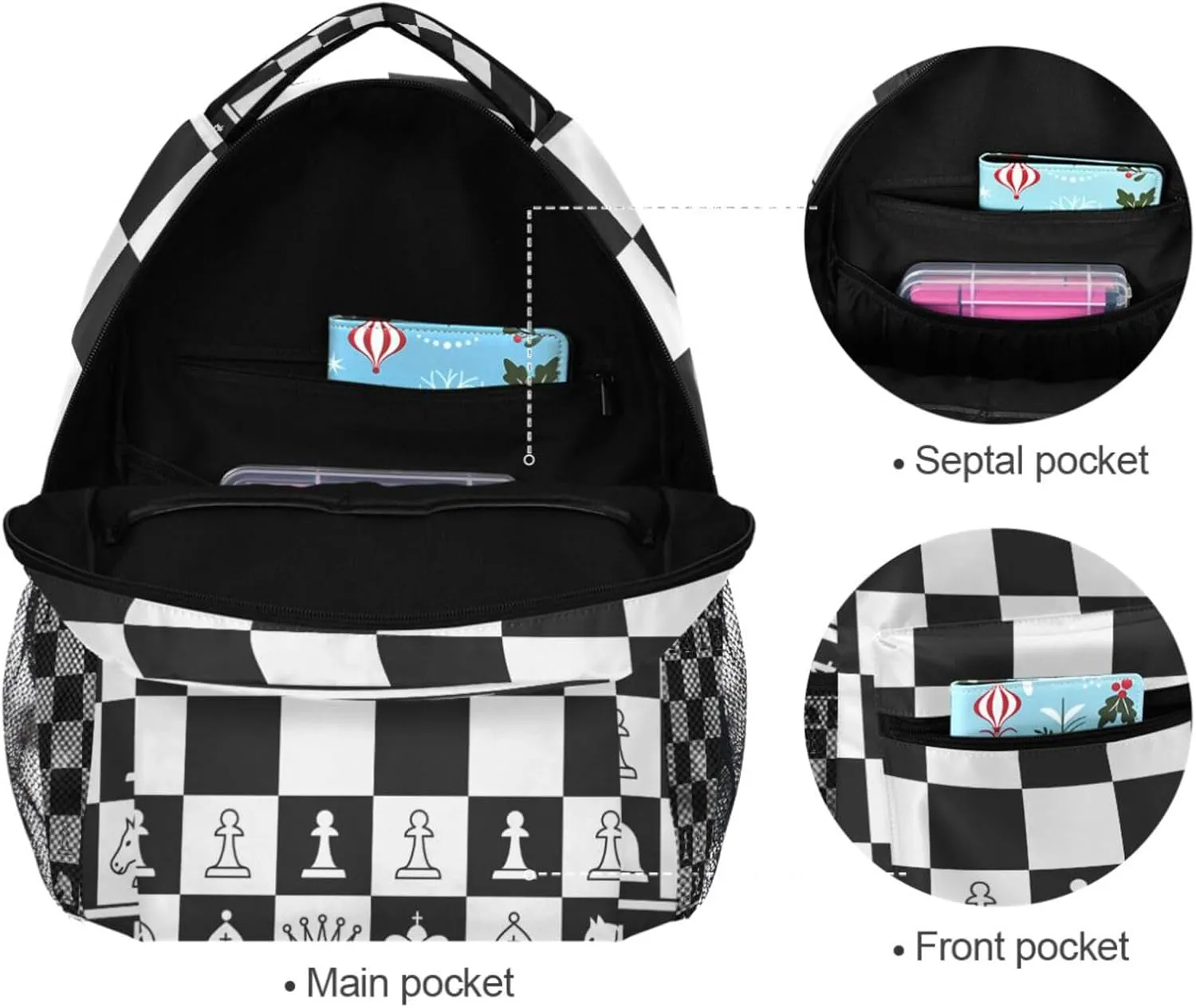 Black White Chess Board Backpack Plaid Bookbag Daypack Travel Hiking Camping School Laptop Bag