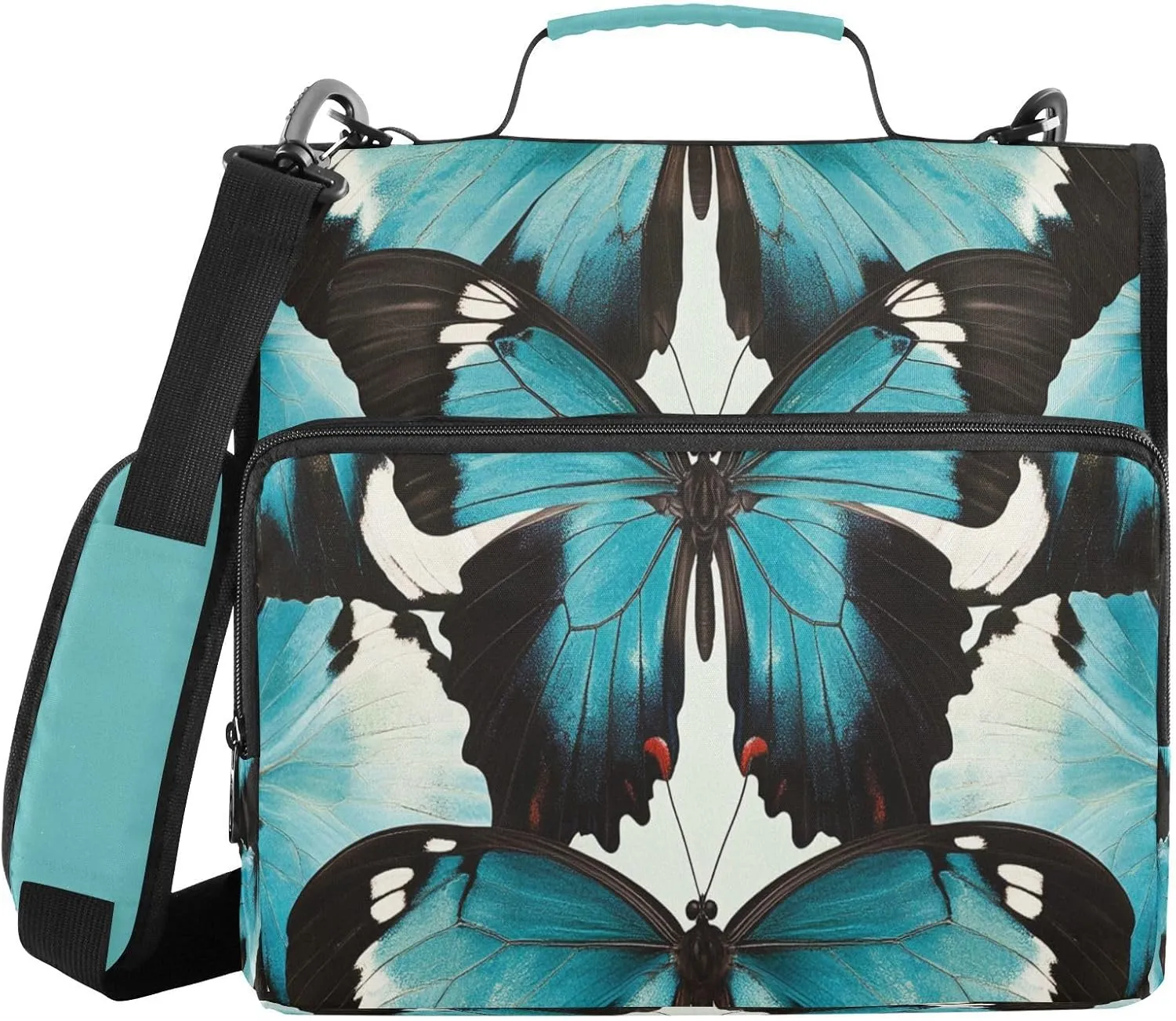 Blue Butterfly Wing 3 Ring Zipper Binder with Shoulder Strap Portfolio Binder Case for School Office Document Storage