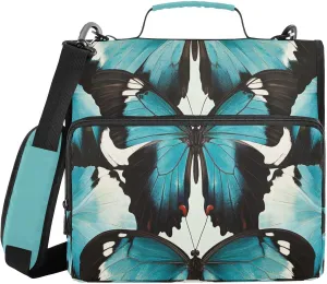 Blue Butterfly Wing 3 Ring Zipper Binder with Shoulder Strap Portfolio Binder Case for School Office Document Storage