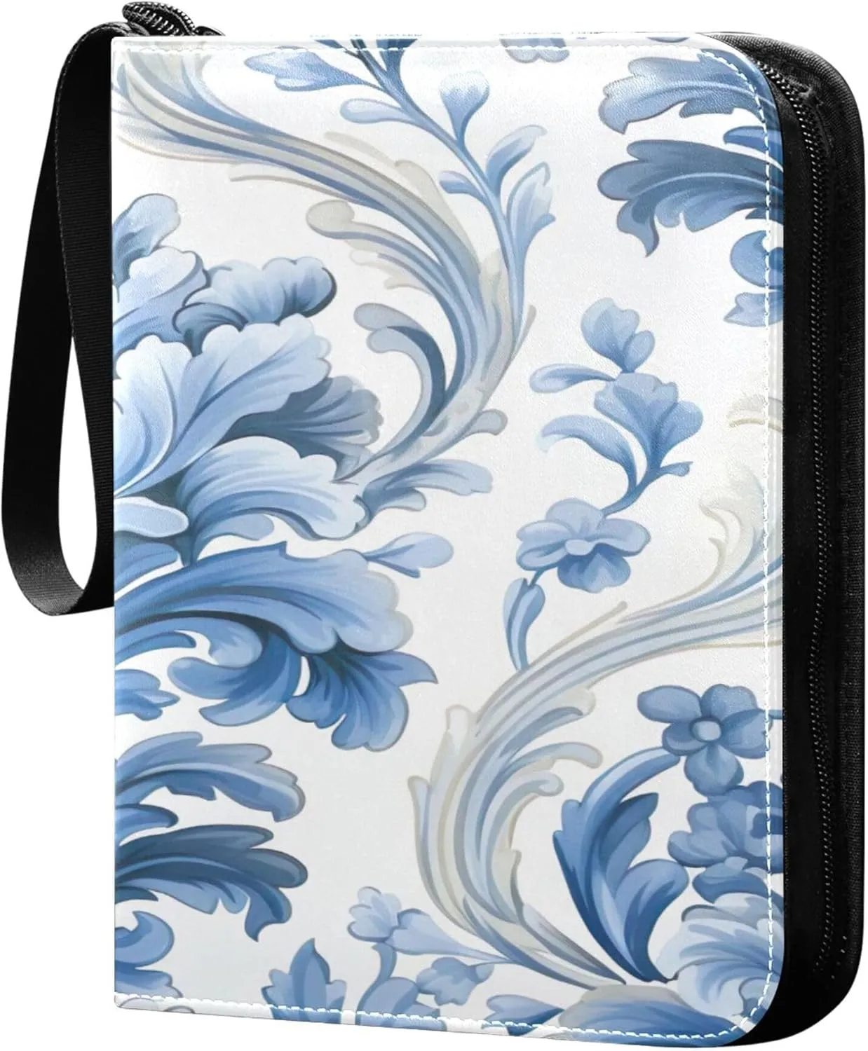 Blue Floral Pattern Card Binder 4 Pocket Collectible Trading Card Albums with 50 Sleeves Double Side PU Waterproof 3 Ring for Sports & Game Cards
