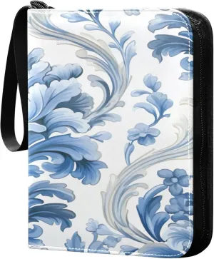 Blue Floral Pattern Card Binder 4 Pocket Collectible Trading Card Albums with 50 Sleeves Double Side PU Waterproof 3 Ring for Sports & Game Cards