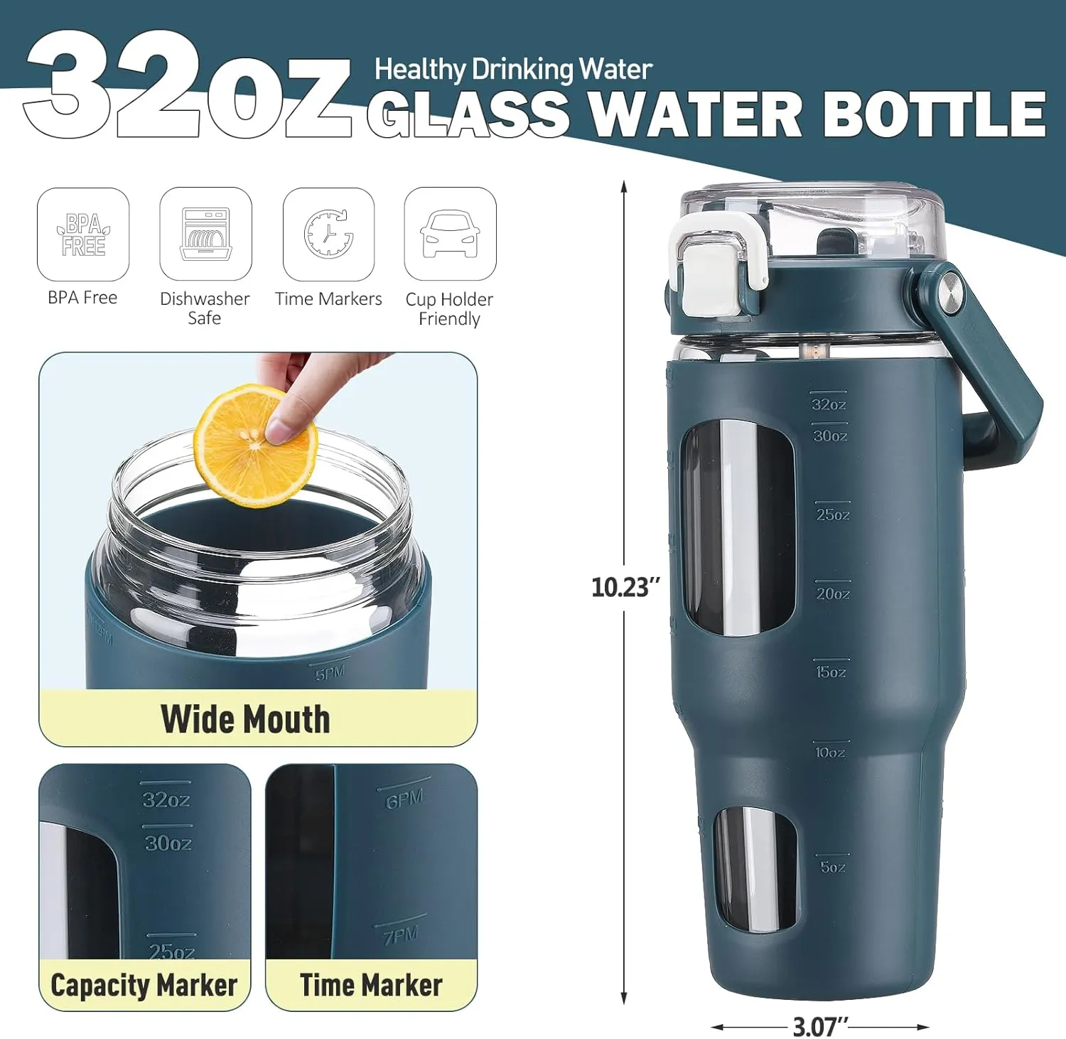 BLUEGO 32oz Glass Water Bottle with Handle and Straw|Leakproof Sports Glass Bottle with Time Marker and Silicone Sleeve|Glass Drinking Bottle for Travel, Gym, Workout, Dark Blue