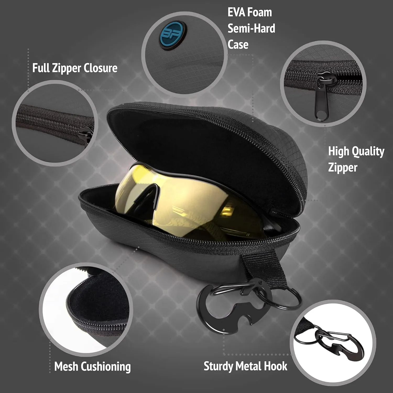 BLUPOND Sunglasses Case Semi Hard EVA Shell with Metal Hanging Hook Belt Clip Sun Glasses Storage