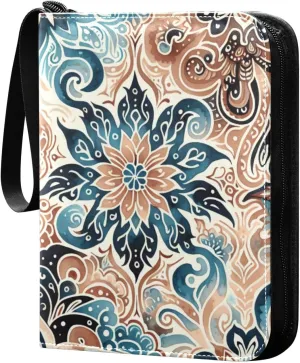 Bohemian Floral Retro Print Card Binder 4 Pocket Trading Card Album Fits 400 Sports/Game Cards, PU Cover 3 Ring Card Collection with 50 Removable Sleeves