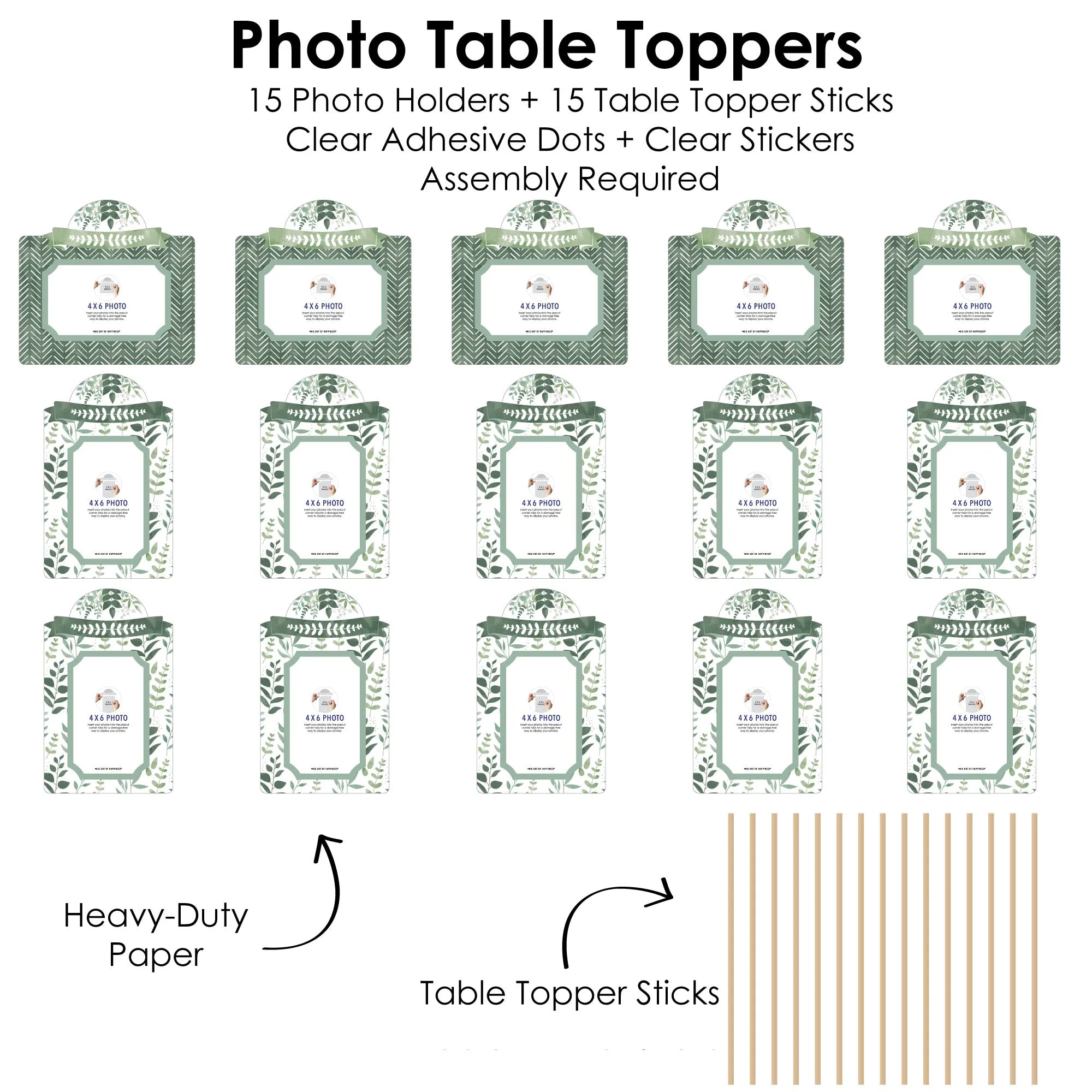 Boho Botanical - Greenery Party Picture Centerpiece Sticks - Photo Table Toppers - 15 Pieces