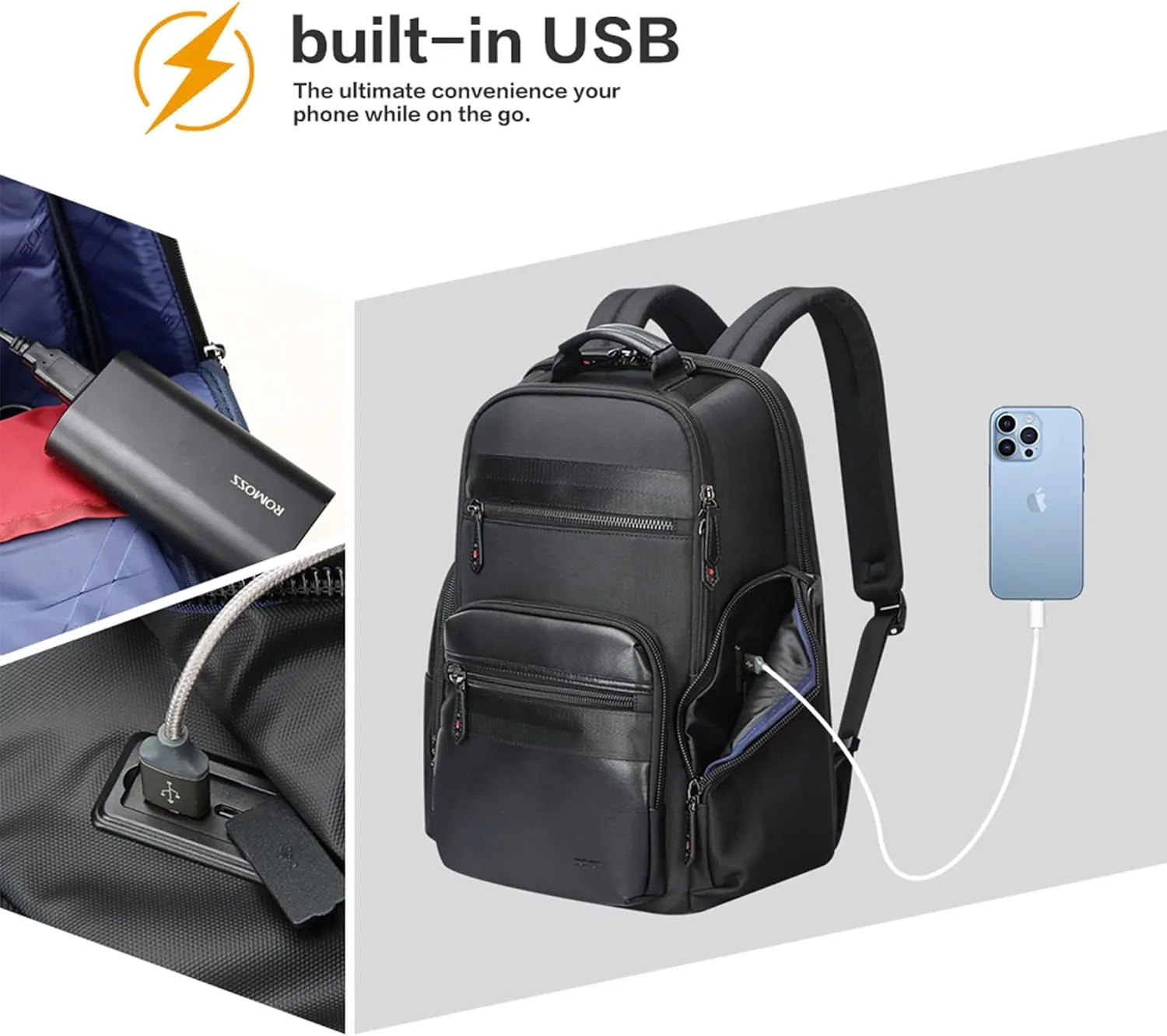 BOPai 30L Travel Backpack for Men Business Laptop Backpack 15.6 inch Computer bagpack with USB Charging Water-Resistant Rucksack Black