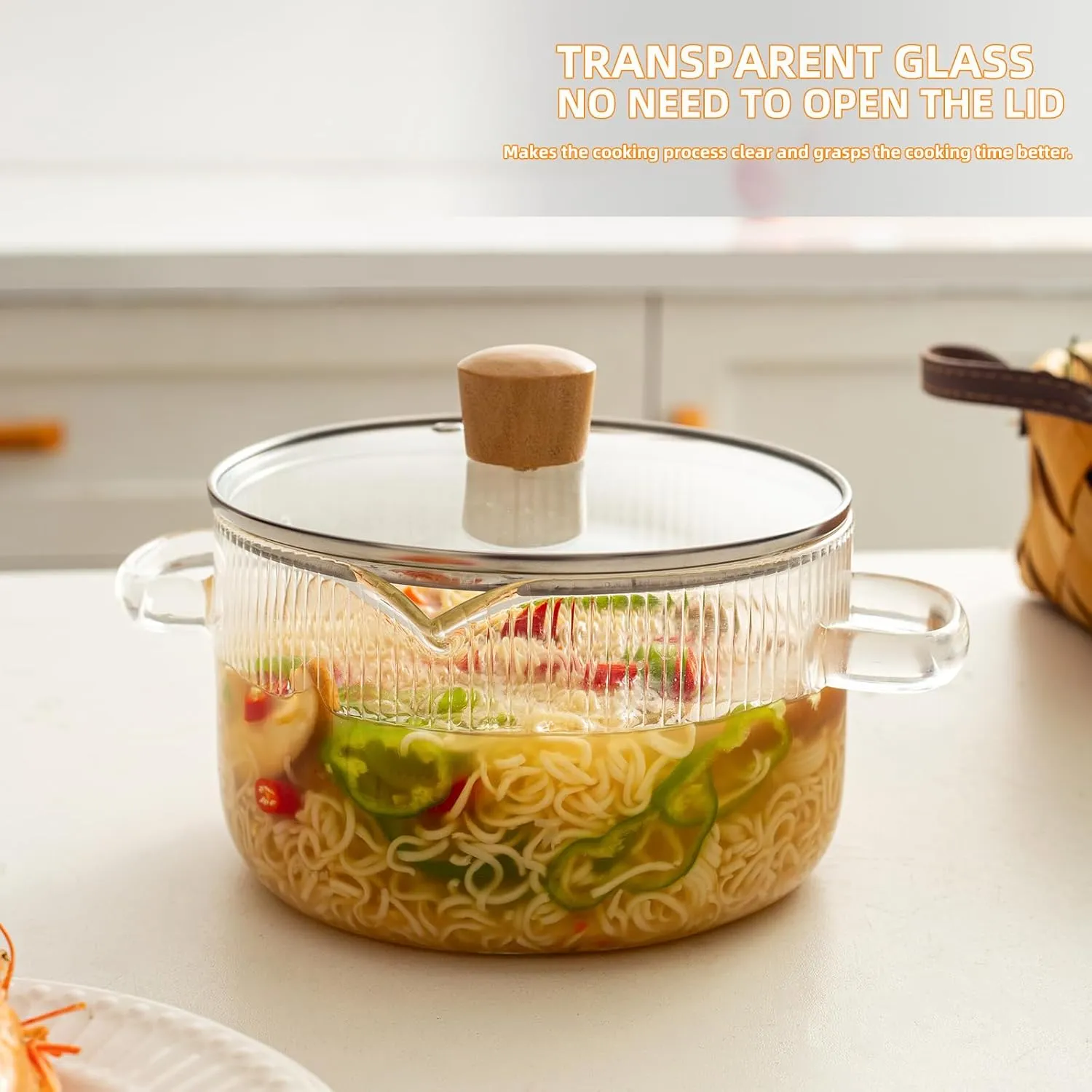Borosilicate Glass Simmer Pot with Lid - 1.8L (60oz), Heat Resistant Cooking Pot, Safe for Soup, Noodle, Baby Food