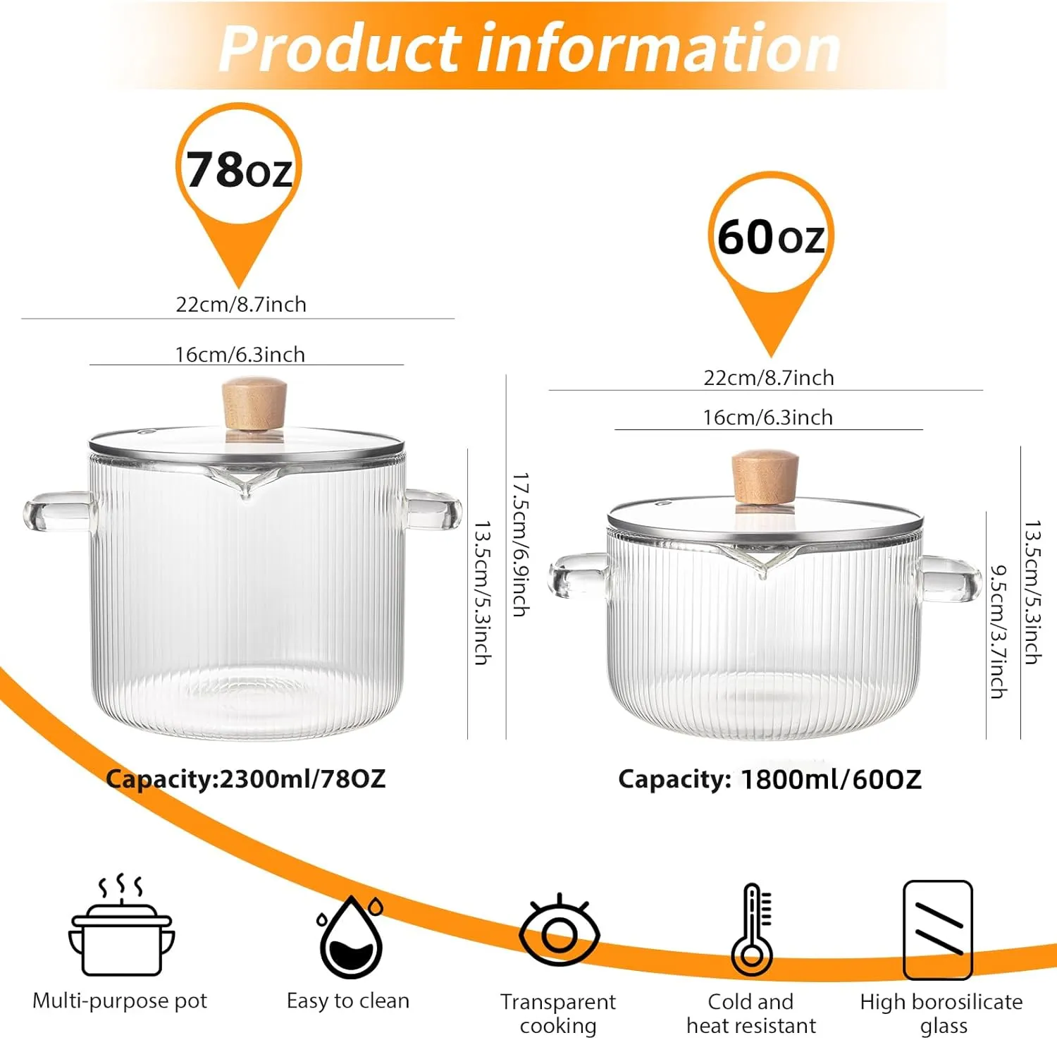 Borosilicate Glass Simmer Pot with Lid - 1.8L (60oz), Heat Resistant Cooking Pot, Safe for Soup, Noodle, Baby Food
