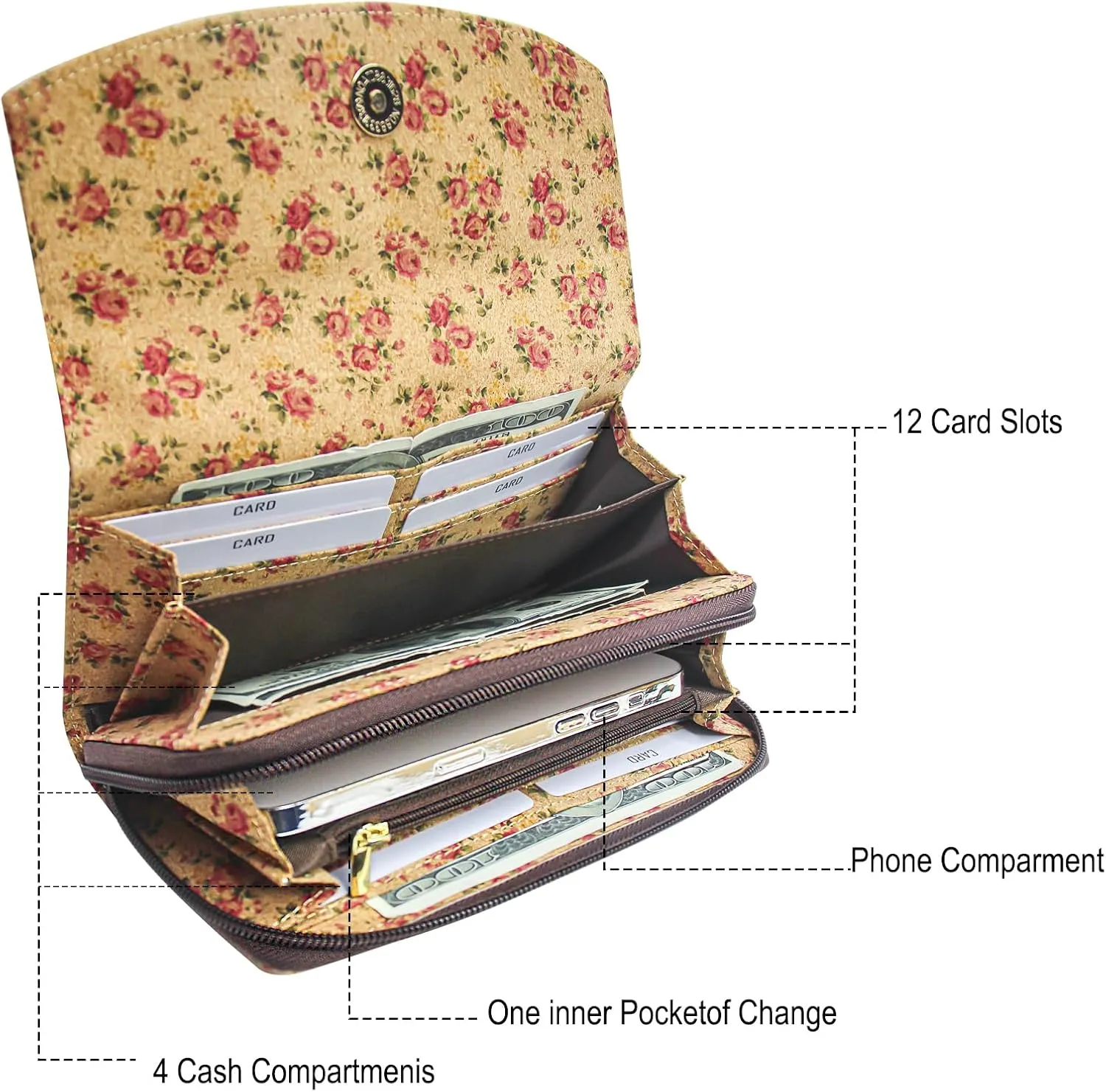 boshiho Natural Cork Wallet - Large Capacity Smart Phone Long Clutch Purse for Women Vegan Gift