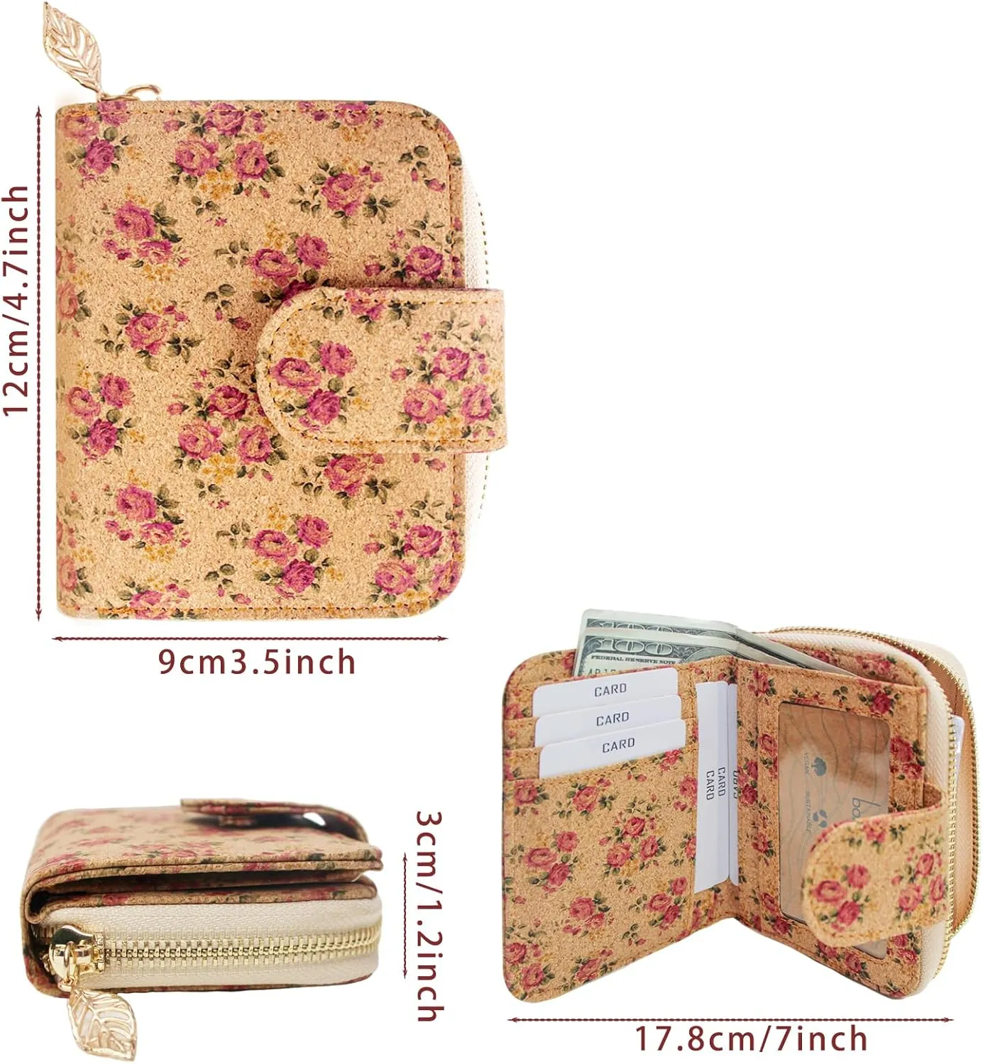 boshiho Vegan Cork Wallet, Women’s Purse Slim Zipper Design with Card Holder Coin Pocket Purse Eco-friendly Vegan Gift