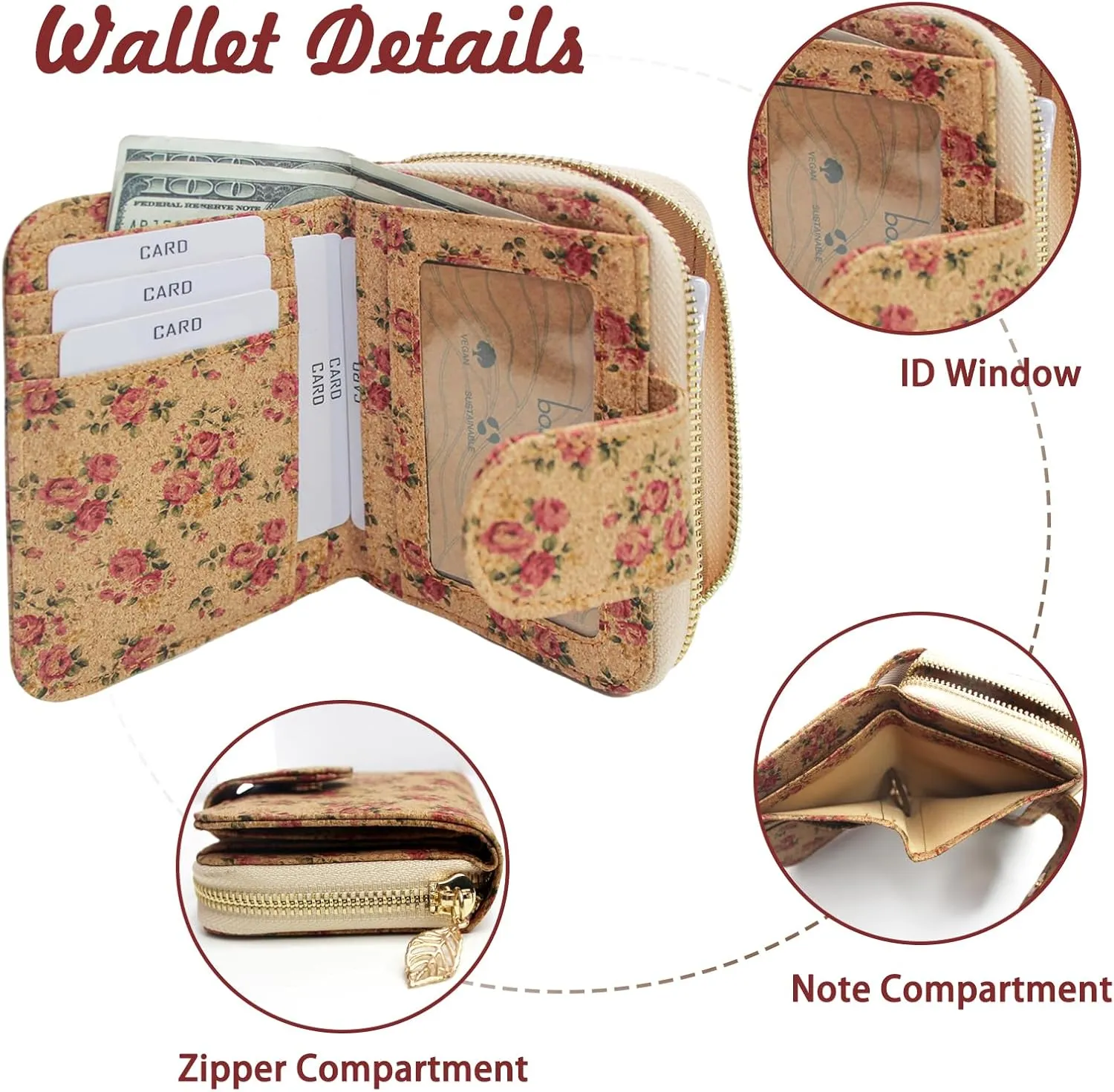 boshiho Vegan Cork Wallet, Women’s Purse Slim Zipper Design with Card Holder Coin Pocket Purse Eco-friendly Vegan Gift