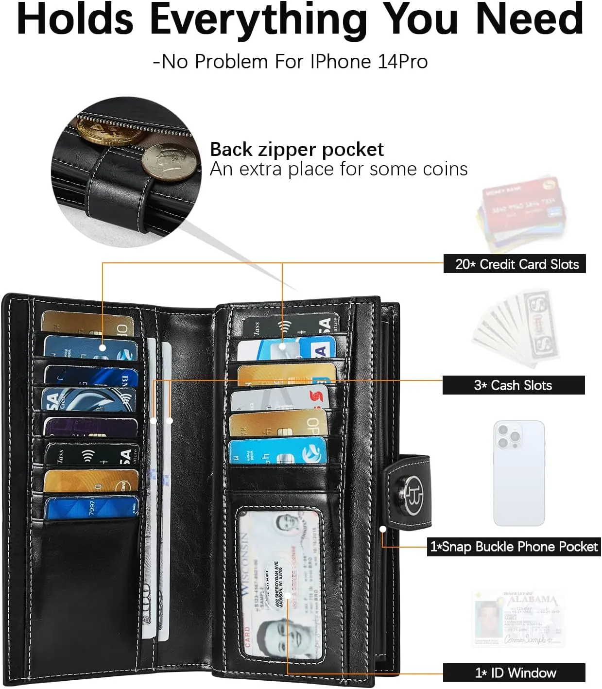 BOSTANTEN Leather Wallets for Women Large Capacity RFID Blocking Card Holder Ladies Purse with Zipper Pocket Black