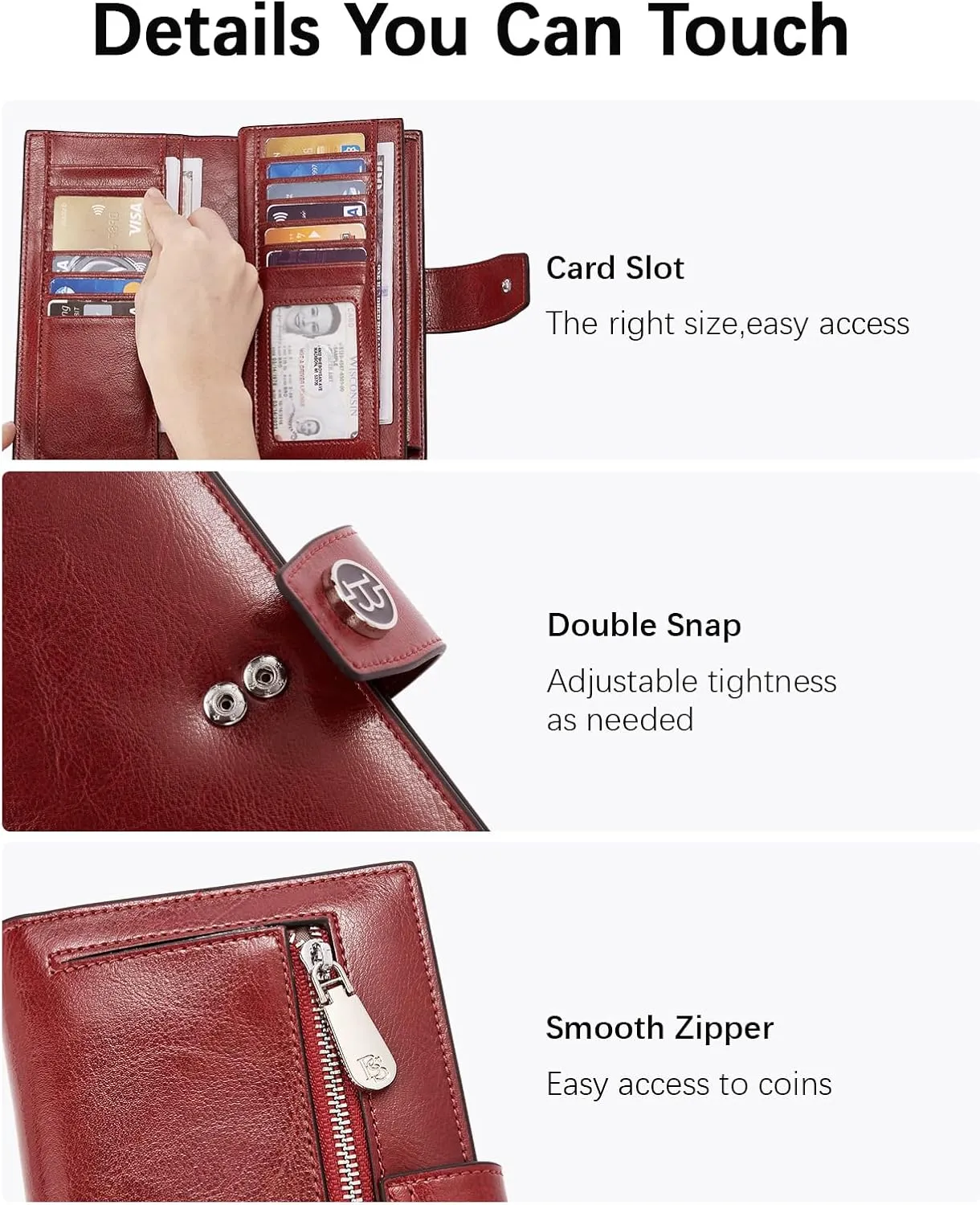 BOSTANTEN Womens Wallet Genuine Leather Wallets Large Capacity Cash Cluth Purse with Zipper Pocket Wine Red