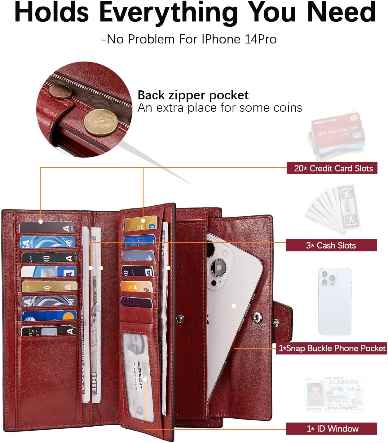 BOSTANTEN Womens Wallet Genuine Leather Wallets Large Capacity Cash Cluth Purse with Zipper Pocket Wine Red