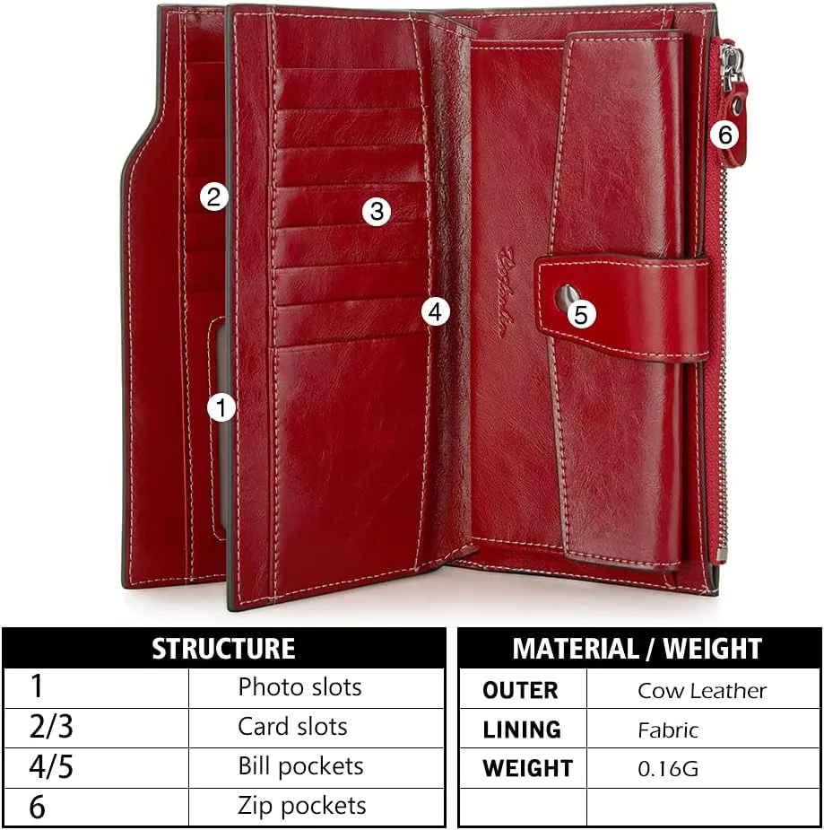 BOSTANTEN Womens Wallet Genuine Leather Wallets Large Capacity Cash Cluth Purse with Zipper Pocket Wine Red