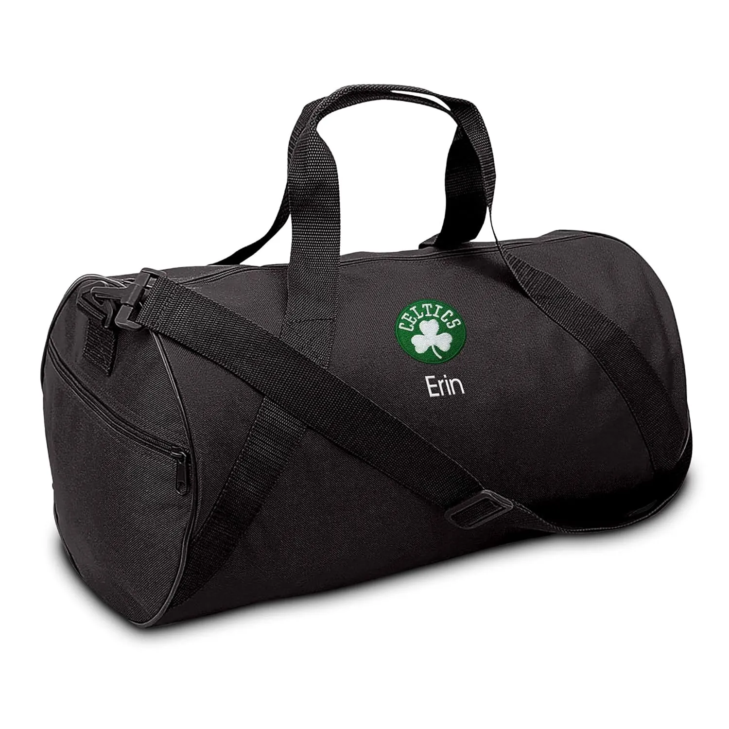 Boston Celtics Personalized Duffel Bags for Kids - Official NBA Logo Embroidery, Removable Shoulder Strap, Polyester, 19” x 14” (Black, Clover)