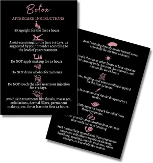 Botox Filler Injection Aftercare Instruction Card | 30 Pack | Physical Printed 4x6” inches Postcard Size | Black with Rosey Pink