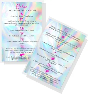 Boutique Marketing LLC Botox Filler Injection Aftercare Instruction Card | 30 Pack | Physical Printed 4x6” inches Postcard Size | Rainbow Background Fake Holo