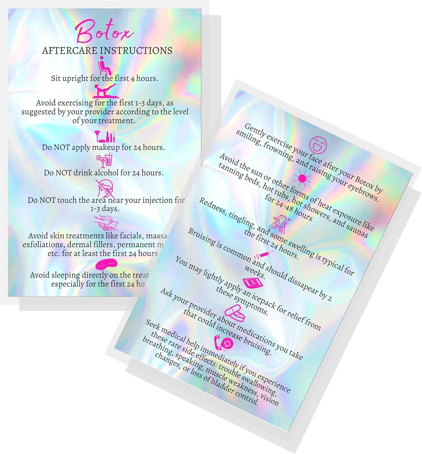 Boutique Marketing LLC Botox Filler Injection Aftercare Instruction Card | 30 Pack | Physical Printed 4x6” inches Postcard Size | Rainbow Background Fake Holo