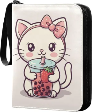 Bow Cat Drinking Milk Tea Card Binder 4 Pocket Trading Card Album Fits 400 Sports/Game Cards, PU Cover 3 Ring Card Collection with 50 Removable Sleeves