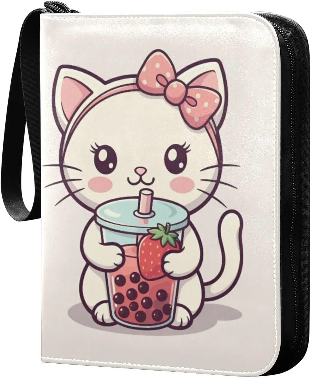 Bow Cat Drinking Milk Tea Card Binder 4 Pocket Trading Card Album Fits 400 Sports/Game Cards, PU Cover 3 Ring Card Collection with 50 Removable Sleeves